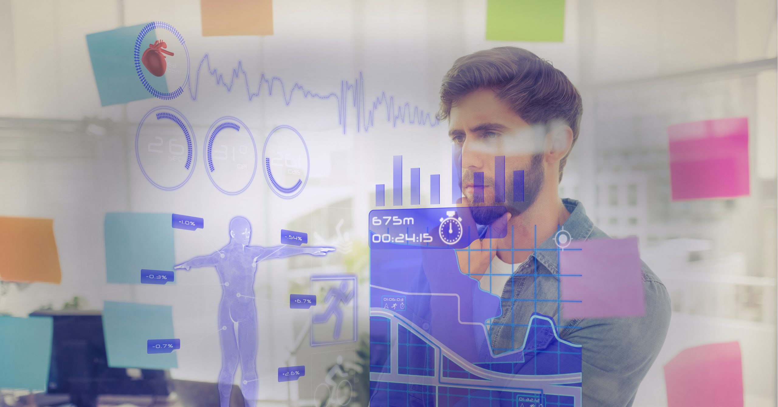 Digital interface with data processing against man reading memo notes at office. global business and computer interface technology concept